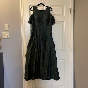 Dark Green with gold printed design Indian Gown/Dress with cold shoulder design.